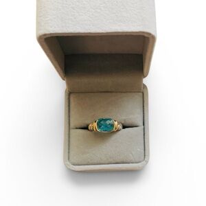 925 Sterling Silver Two Tone 10x8mm Natural Blue Topaz Ring Size 7